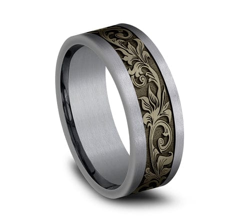 Benchmark Men's Wedding Bands 10 Men's Wedding Band, Grey Tantalum and Bronze Vintage Script Pattern