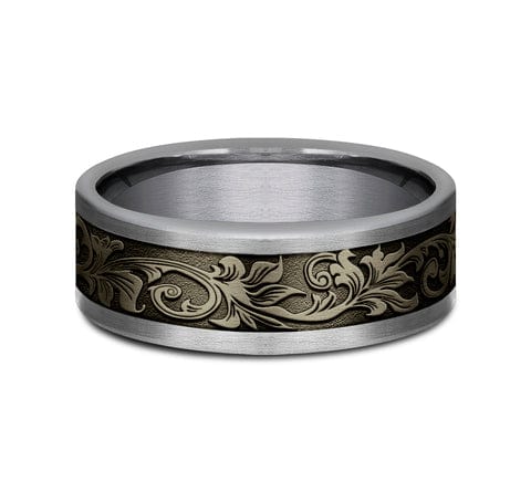 Benchmark Men's Wedding Bands 10 Men's Wedding Band, Grey Tantalum and Bronze Vintage Script Pattern