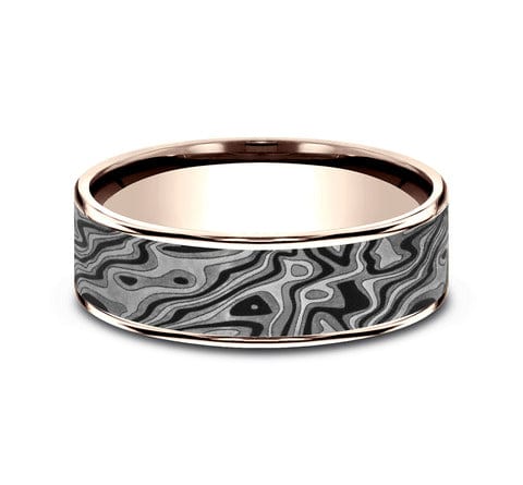 Benchmark Men's Wedding Bands 10 Men's Wedding Band, Mokume Tantalum with 14K Rose Gold Trim