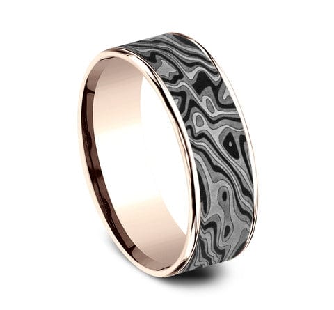 Benchmark Men's Wedding Bands 10 Men's Wedding Band, Mokume Tantalum with 14K Rose Gold Trim