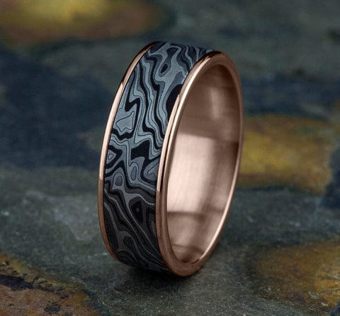 Benchmark Men's Wedding Bands 10 Men's Wedding Band, Mokume Tantalum with 14K Rose Gold Trim