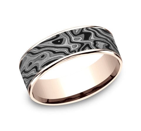 Benchmark Men's Wedding Bands 10 Men's Wedding Band, Mokume Tantalum with 14K Rose Gold Trim