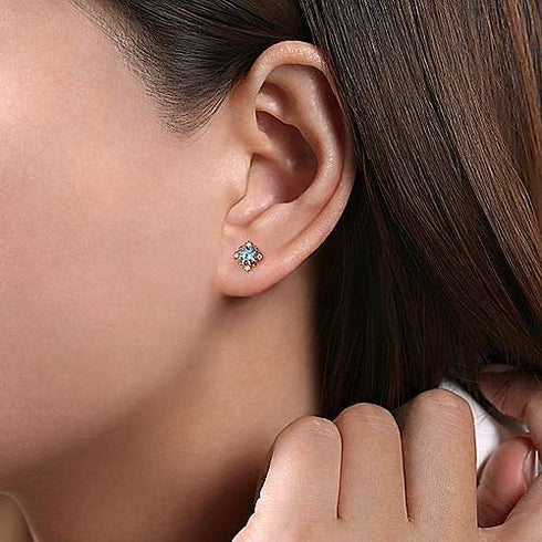 Gabriel & Co. Earrings 14K Yellow Gold Round Swiss Blue Topaz and Diamond Stud Earrings