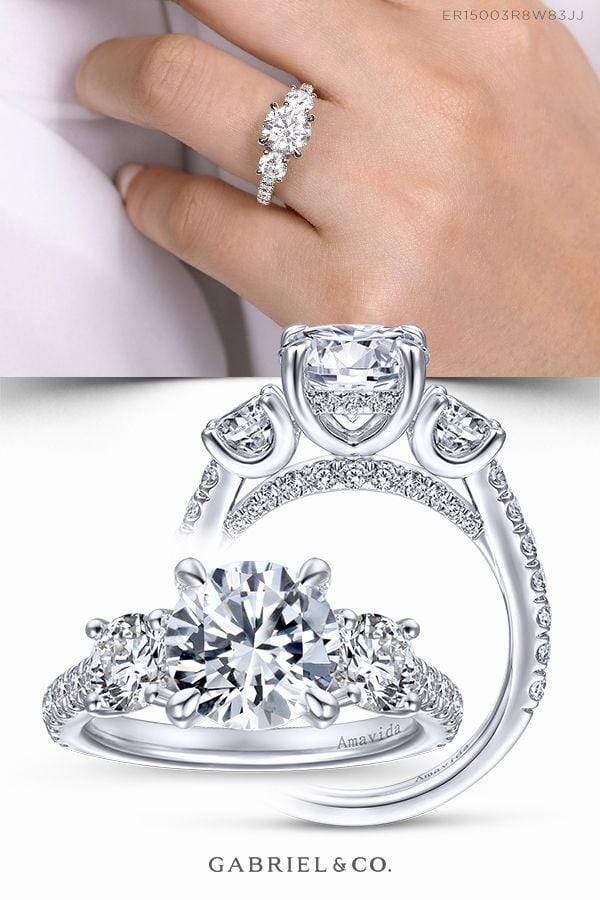 Mounting Only, 18K White Gold Round 3 Stone Diamond Engagement Ring ...